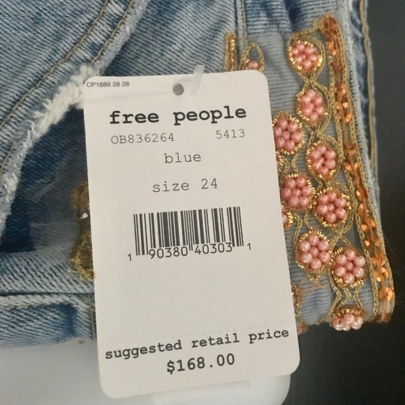 Free People blue novelty embellished blue jeans 24 - Picture 7 of 8